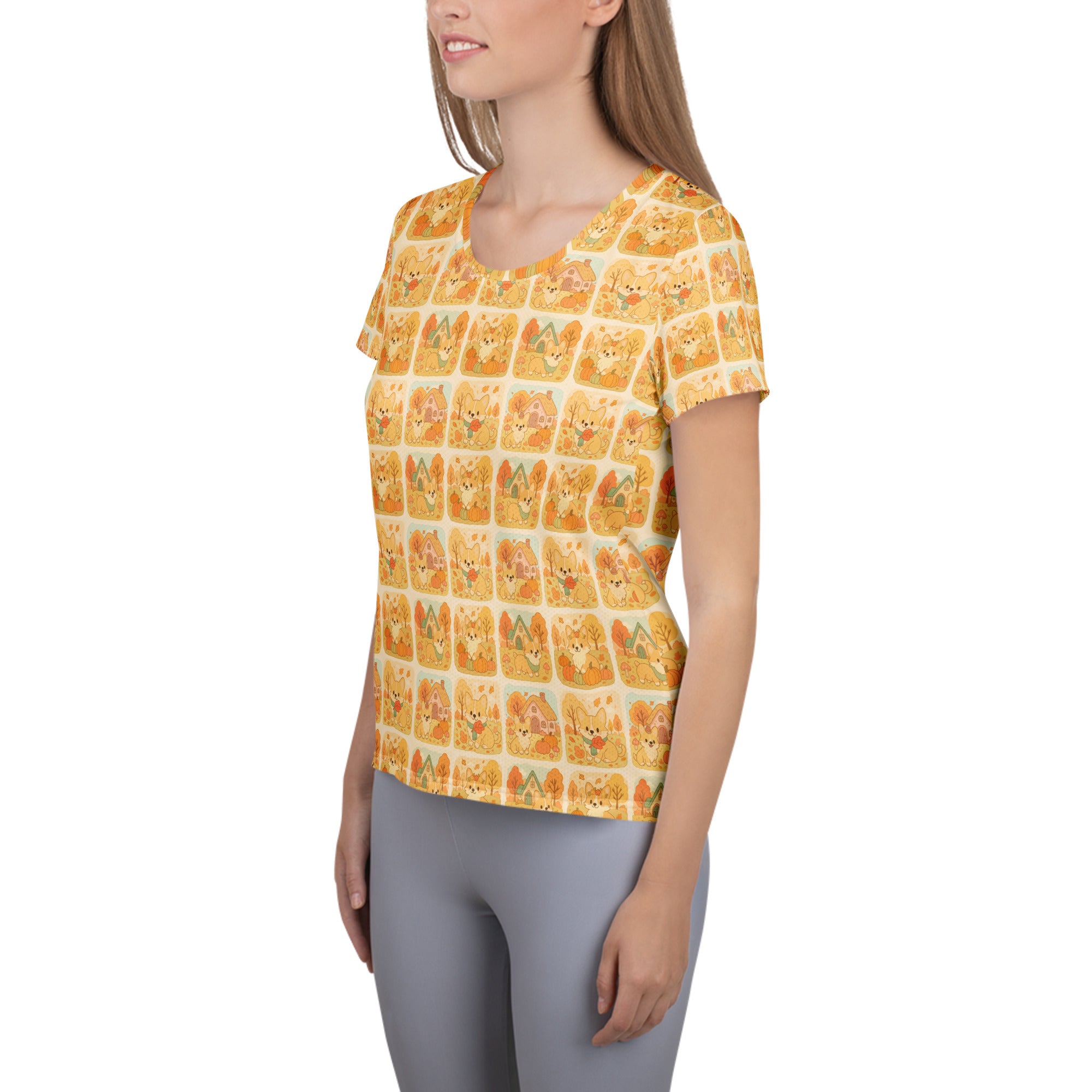 Women’s Autumn Corgi Athletic T-Shirt - Lightweight Moisture Wicking Workout Top with UPF 50+
