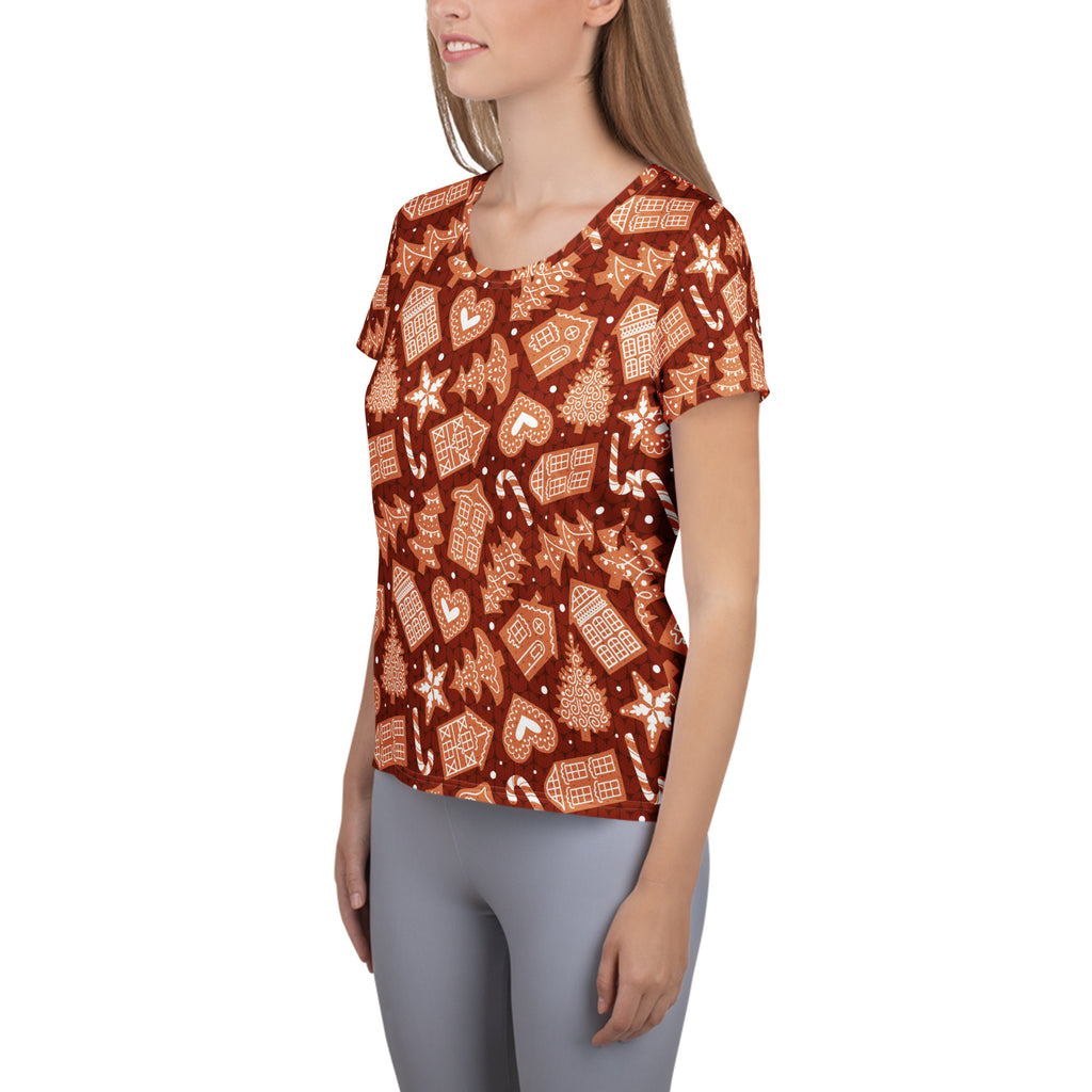 Women’s Red Gingerbread Christmas Athletic T-Shirt - Lightweight Moisture Wicking Workout Top with UPF 50+