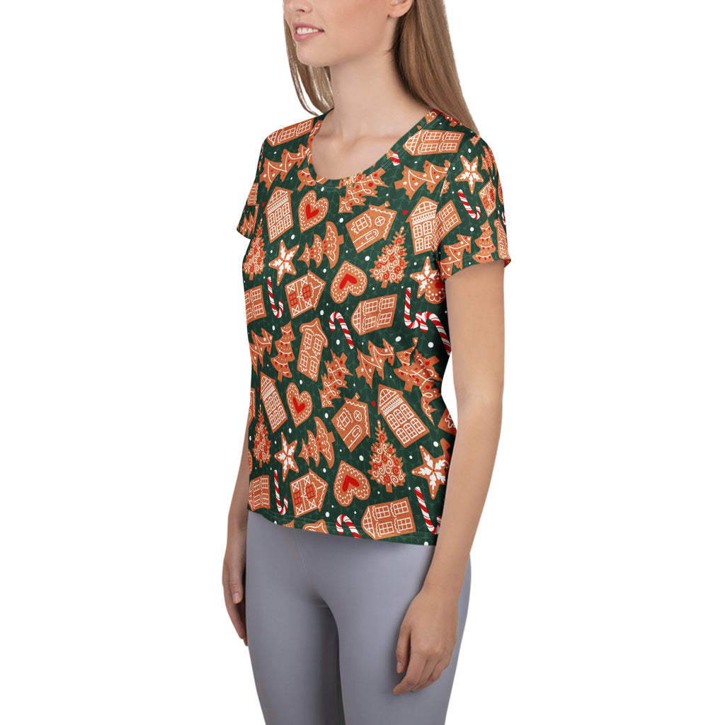 Women’s Green Gingerbread Christmas Athletic T-Shirt - Lightweight Moisture Wicking Workout Top with UPF 50+