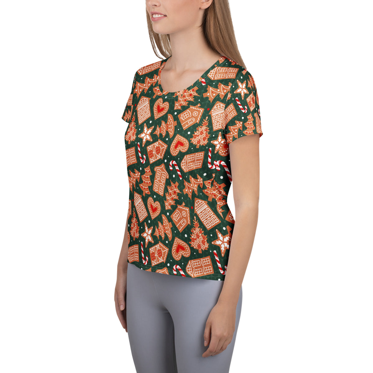 Women’s Green Gingerbread Christmas Athletic T-Shirt - Lightweight Moisture Wicking Workout Top with UPF 50+