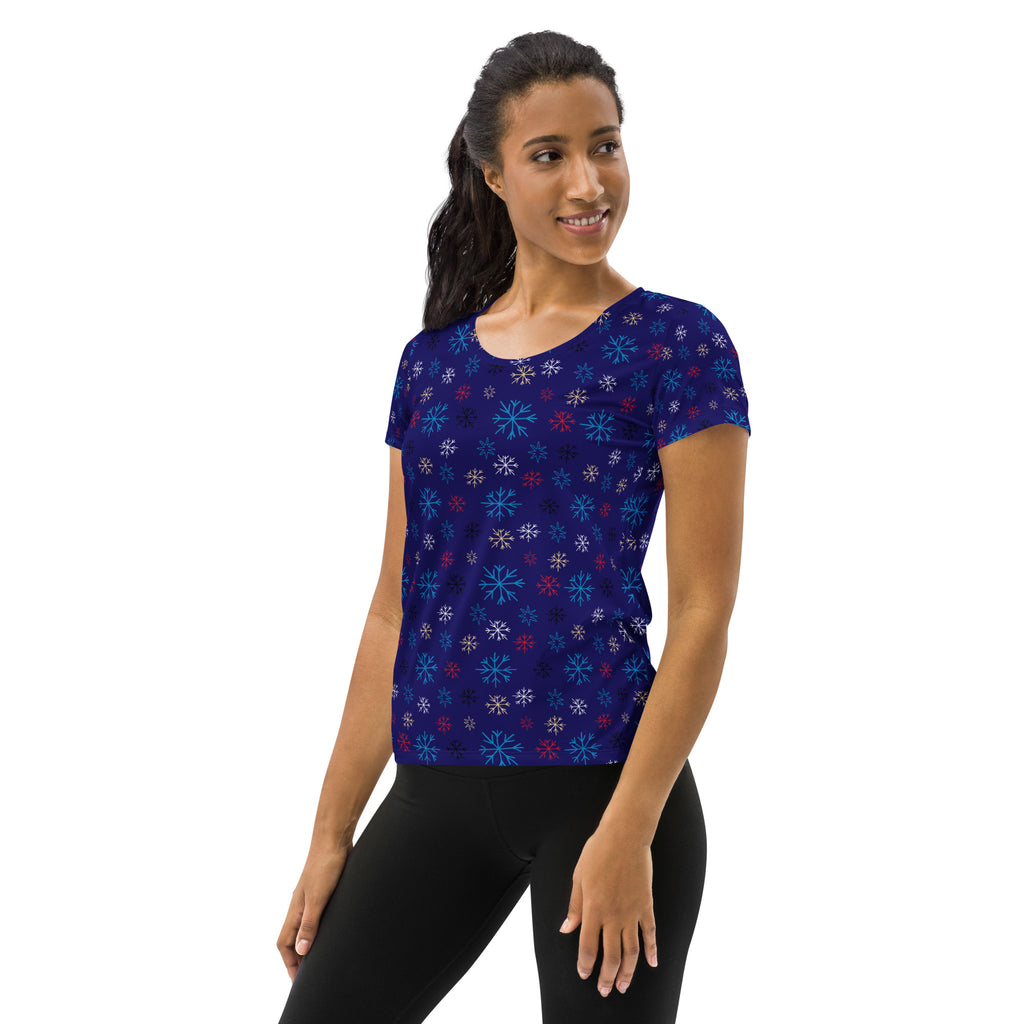 Women’s Blue Snowflake Christmas Athletic T-Shirt - Lightweight Moisture Wicking Workout Top with UPF 50+