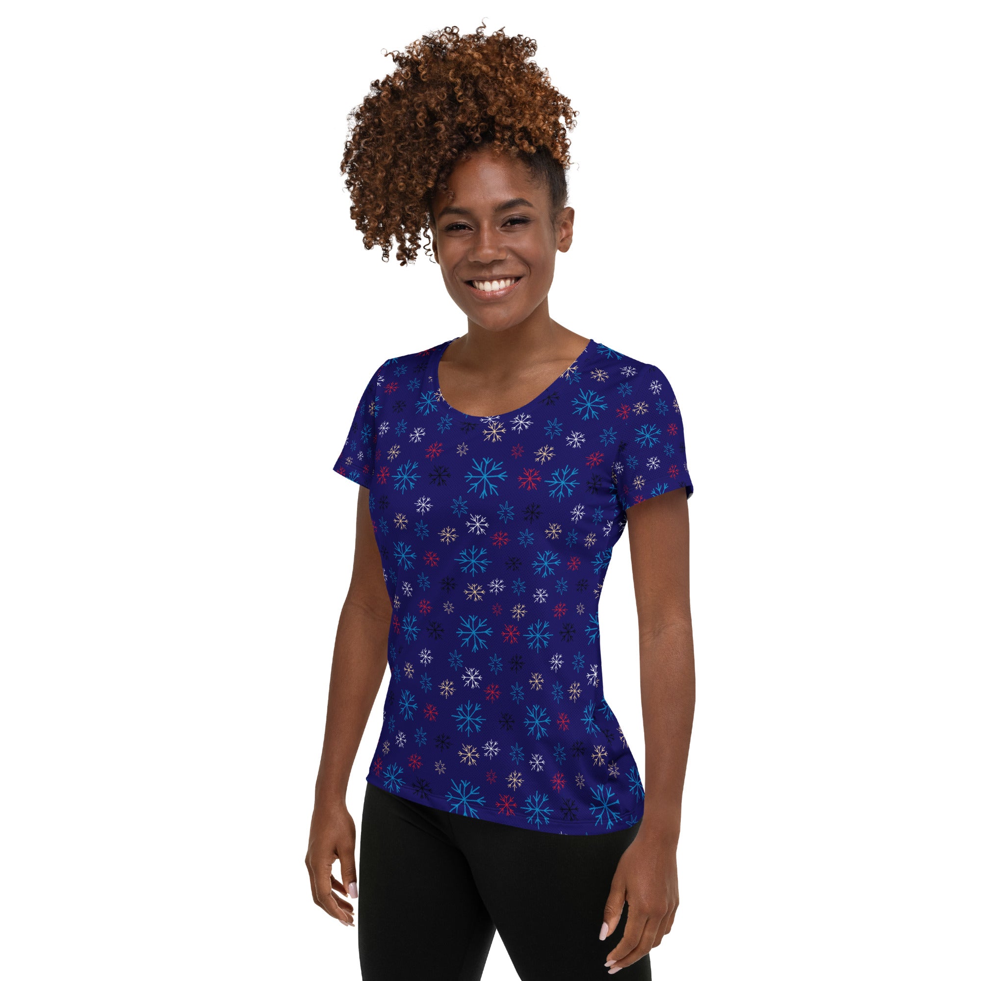 Women’s Blue Snowflake Christmas Athletic T-Shirt - Lightweight Moisture Wicking Workout Top with UPF 50+