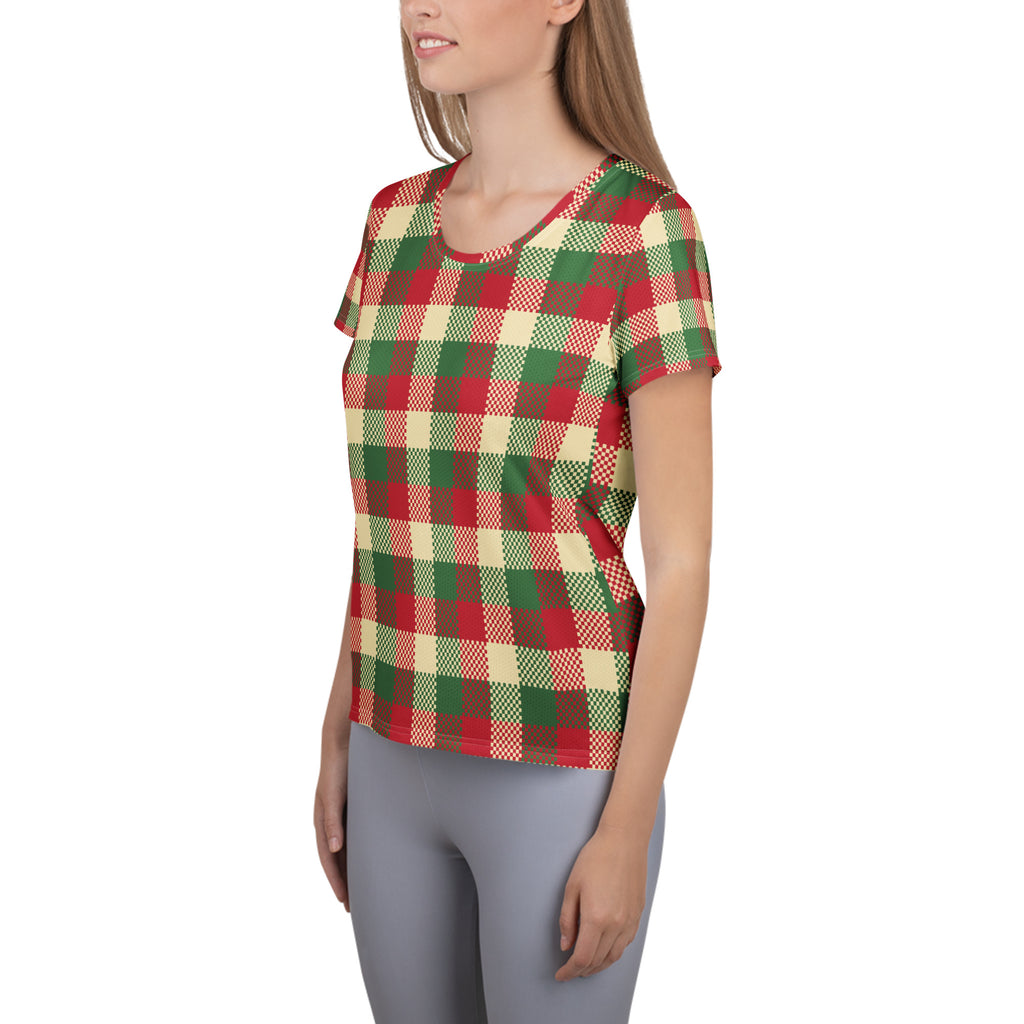 Women’s Red & Green Christmas Plaid Athletic T-Shirt - Lightweight Moisture Wicking Workout Top with UPF 50+