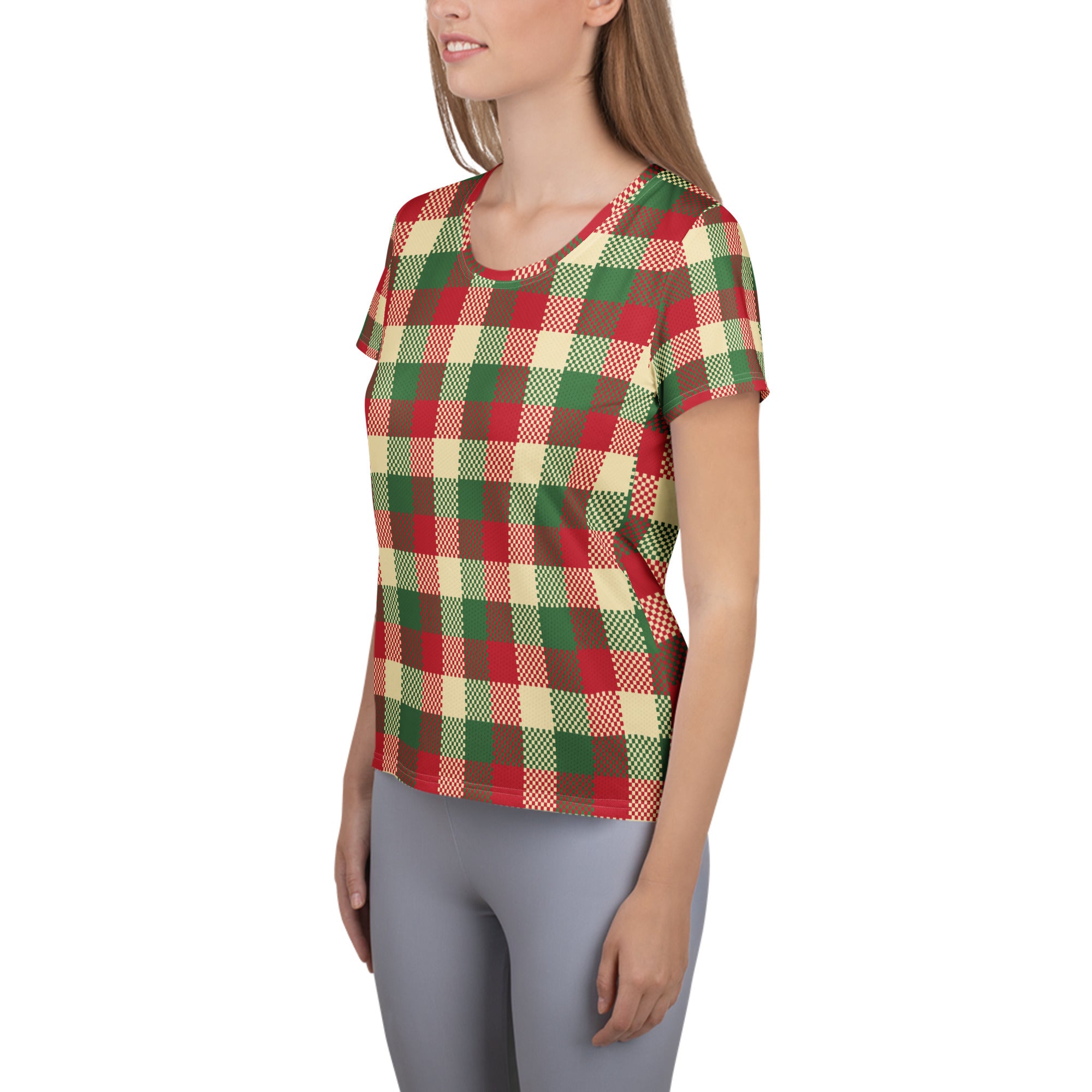 Women’s Red & Green Christmas Plaid Athletic T-Shirt - Lightweight Moisture Wicking Workout Top with UPF 50+
