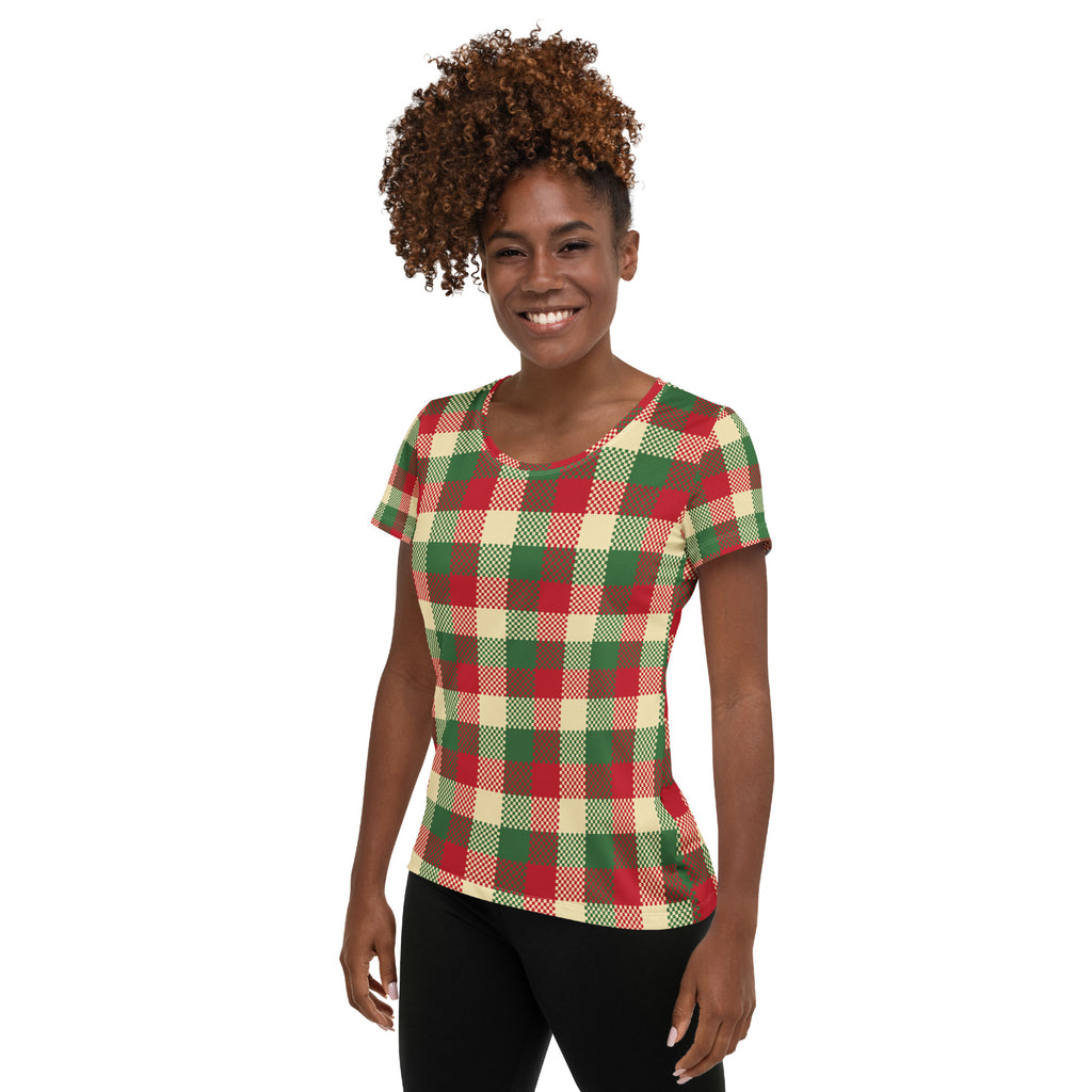 Women’s Red & Green Christmas Plaid Athletic T-Shirt - Lightweight Moisture Wicking Workout Top with UPF 50+