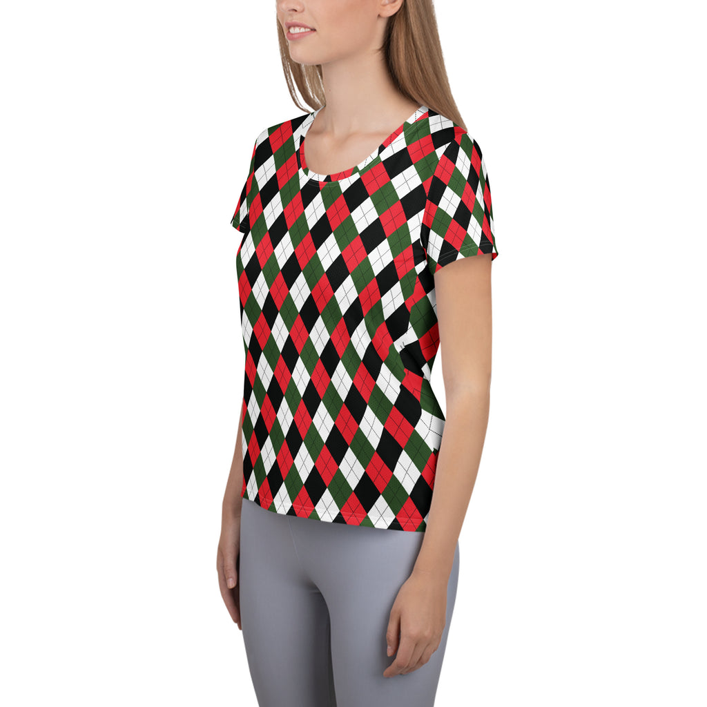 Women’s Christmas Argyle Athletic T-Shirt - Lightweight Moisture Wicking Workout Top With UPF 50+