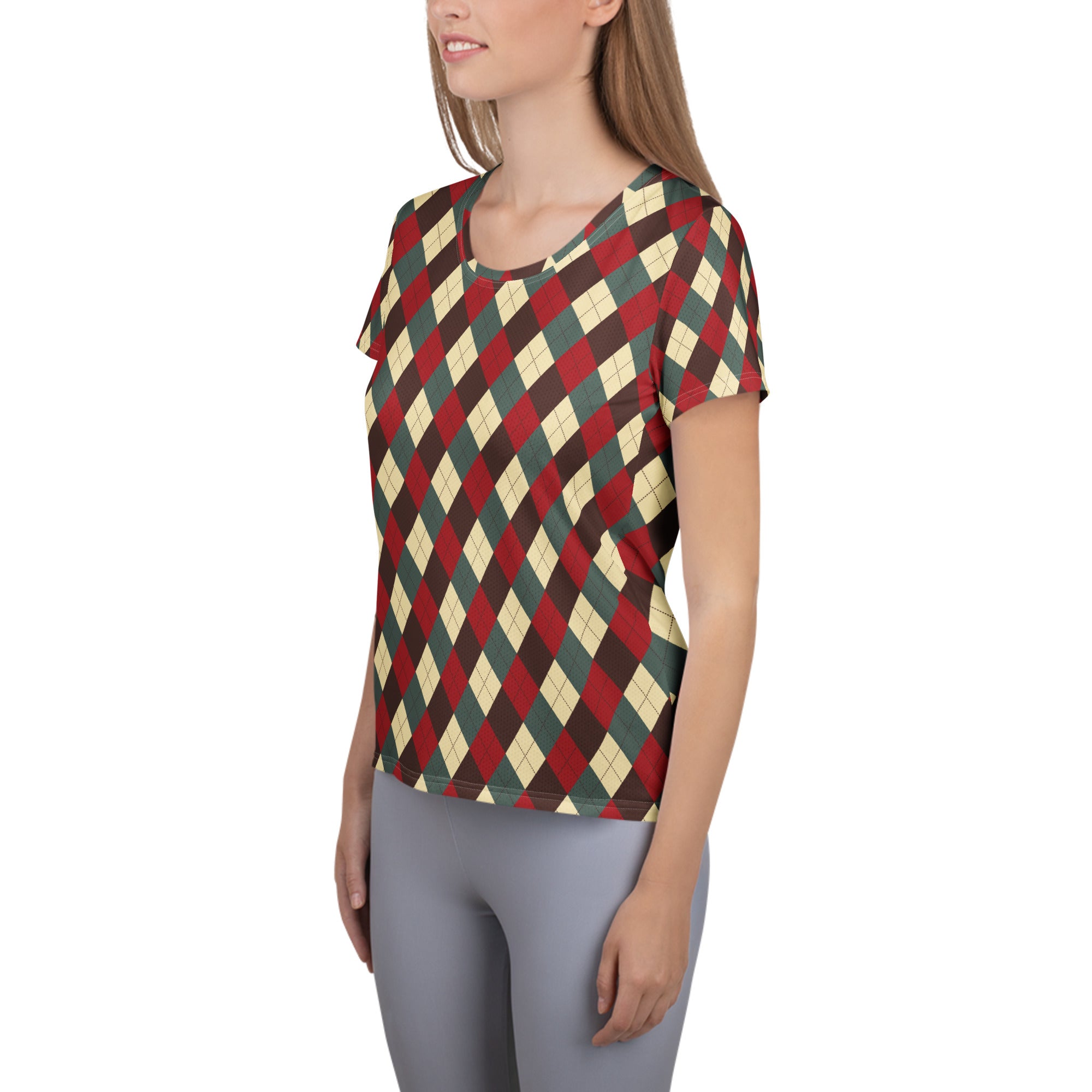 Women’s Vintage Christmas Argyle Athletic T-Shirt - Lightweight Moisture Wicking Workout Top With UPF 50+