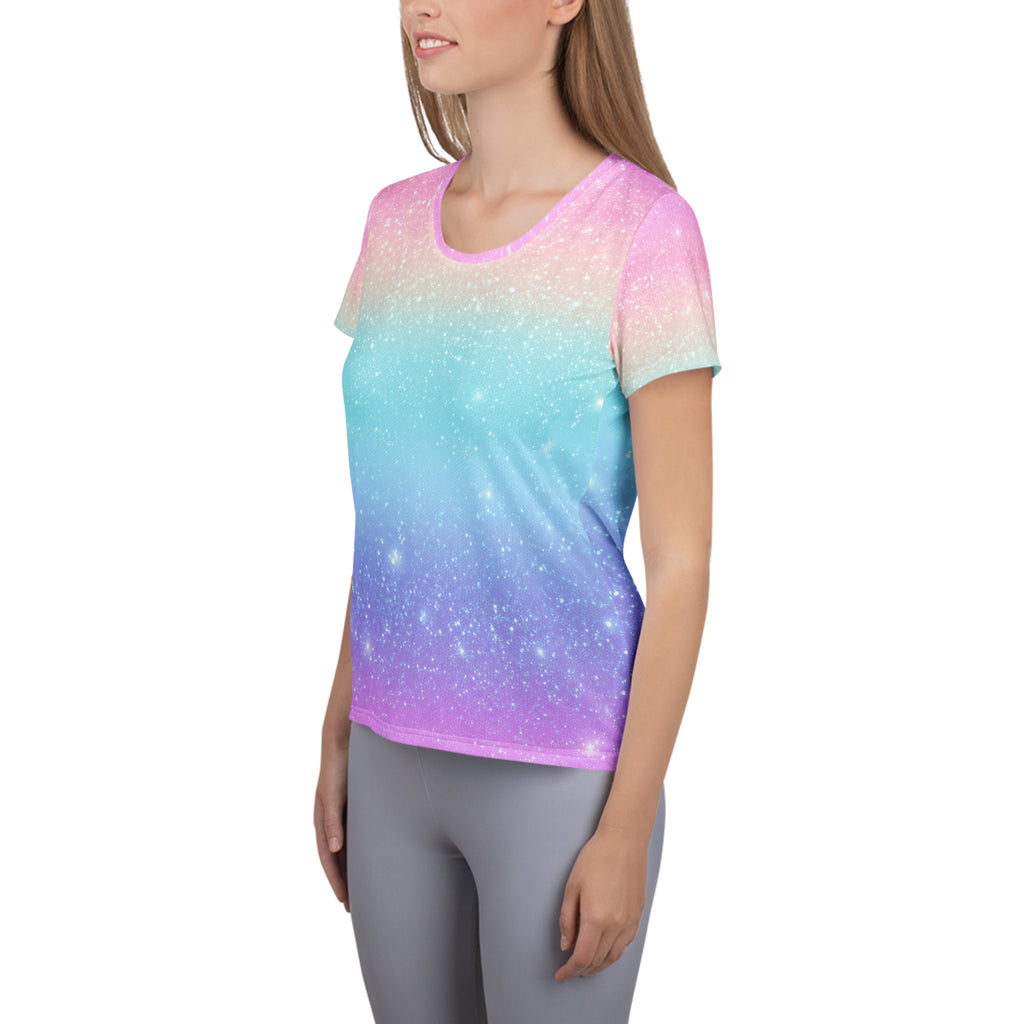 Women’s Faux Sparkle Effect Athletic T-Shirt - Lightweight Moisture Wicking Workout Top With UPF 50+