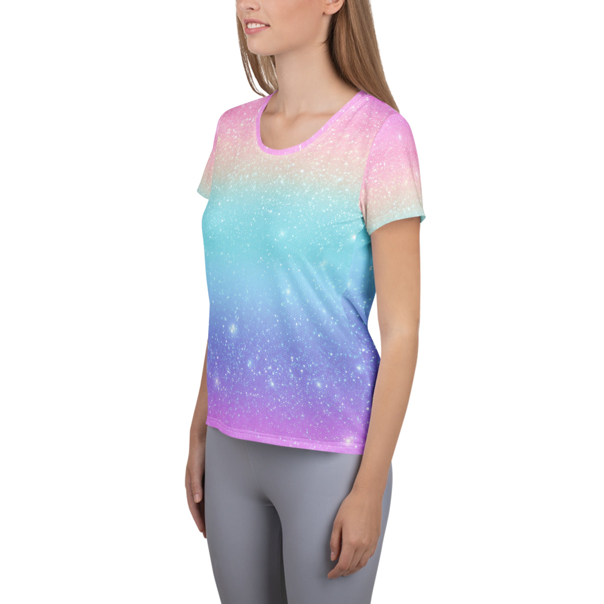 Women’s Faux Sparkle Effect Athletic T-Shirt - Lightweight Moisture Wicking Workout Top With UPF 50+