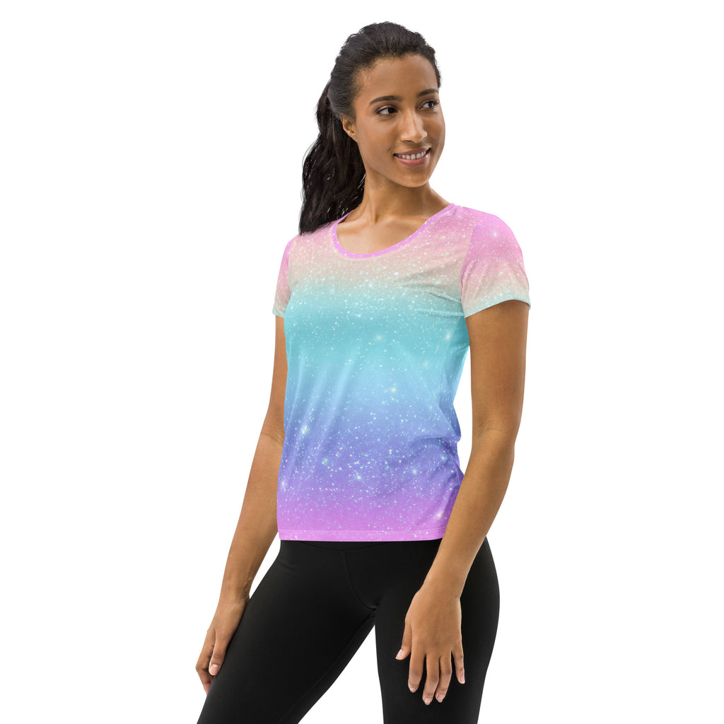 Women’s Faux Sparkle Effect Athletic T-Shirt - Lightweight Moisture Wicking Workout Top With UPF 50+