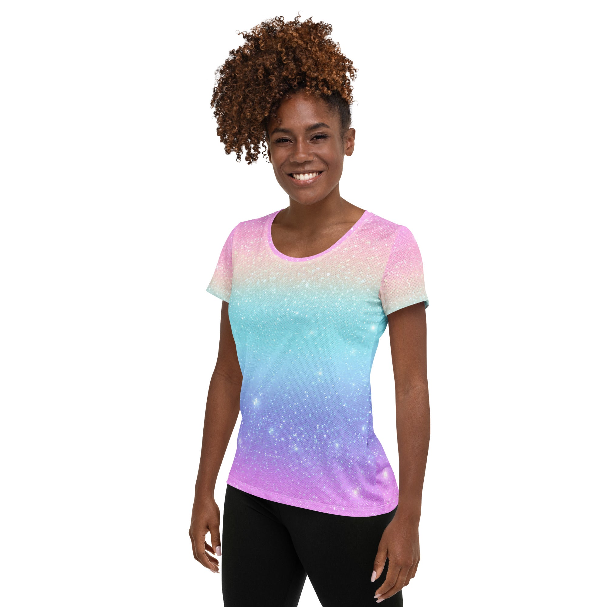 Women’s Faux Sparkle Effect Athletic T-Shirt - Lightweight Moisture Wicking Workout Top With UPF 50+