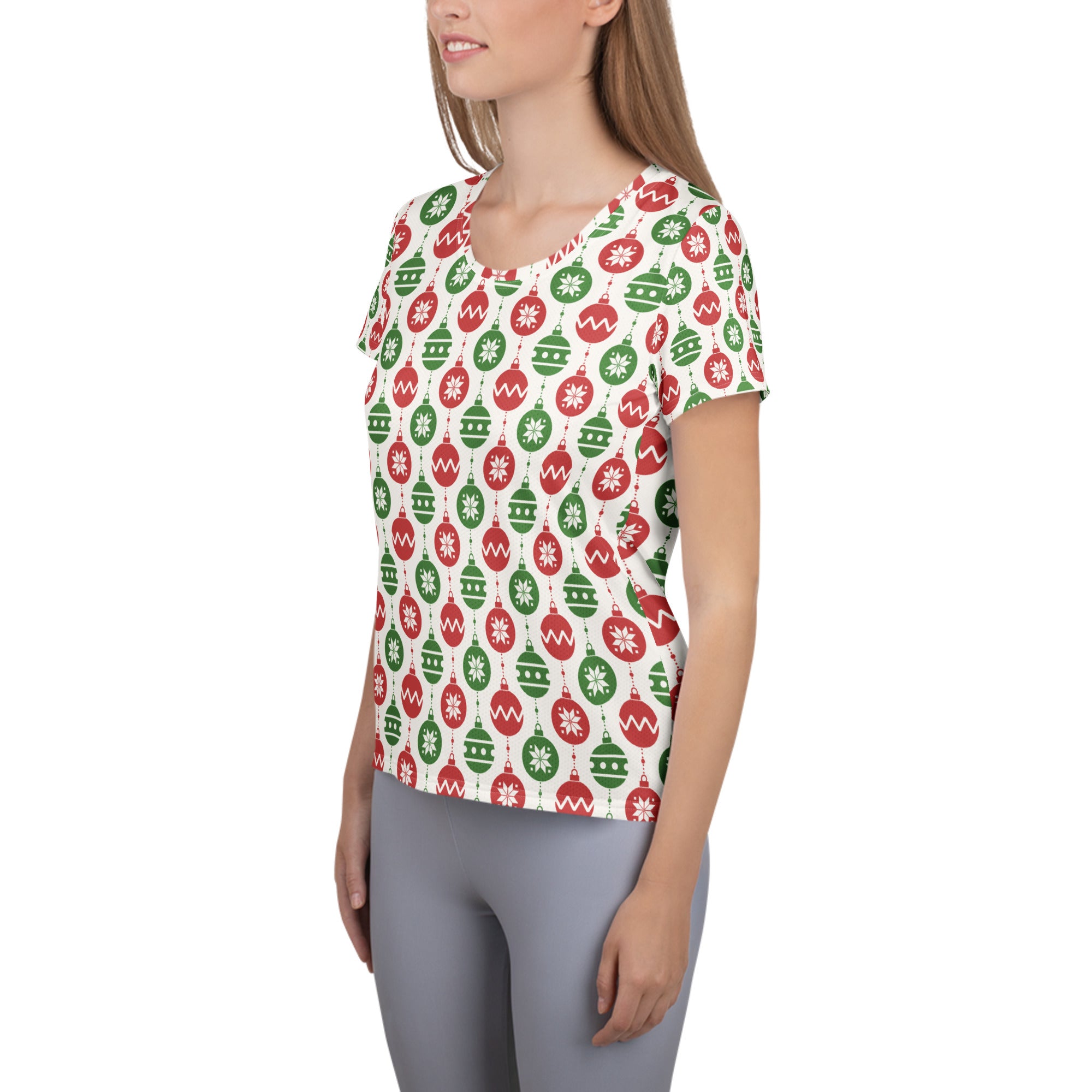 Women’s Christmas Ornament Athletic T-Shirt - Lightweight Moisture Wicking Workout Top With UPF 50+