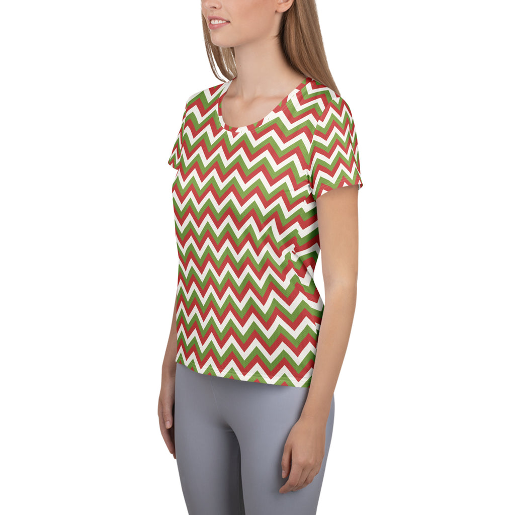 Women’s Christmas Chevron Athletic T-Shirt - Lightweight Moisture Wicking Workout Top With UPF 50+