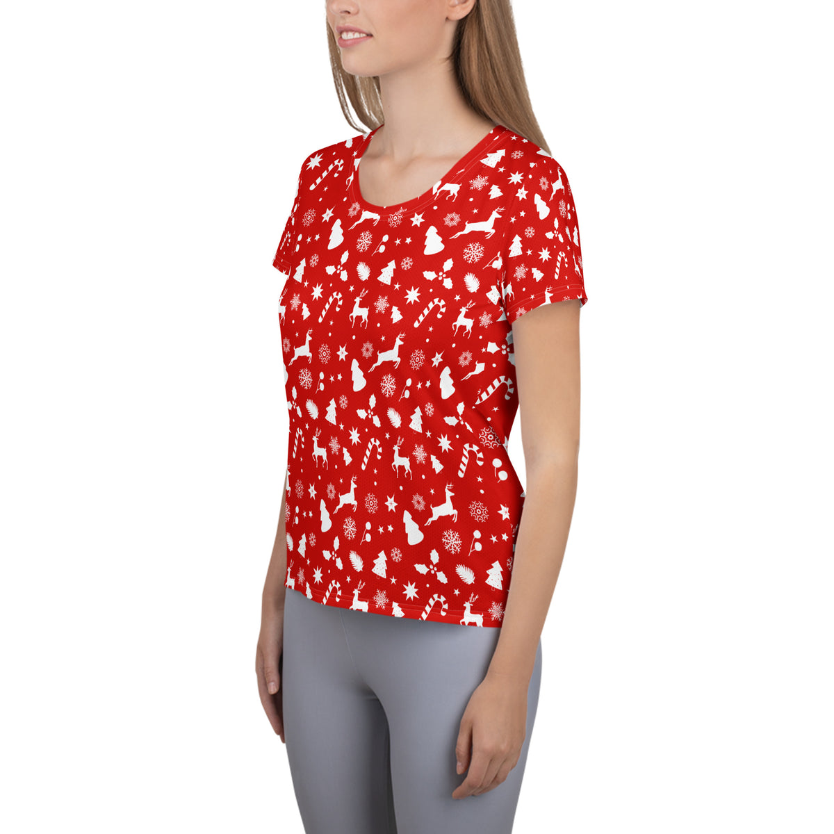 Women’s Red Christmas Reindeer Athletic T-Shirt - Lightweight Moisture Wicking Workout Top With UPF 50+
