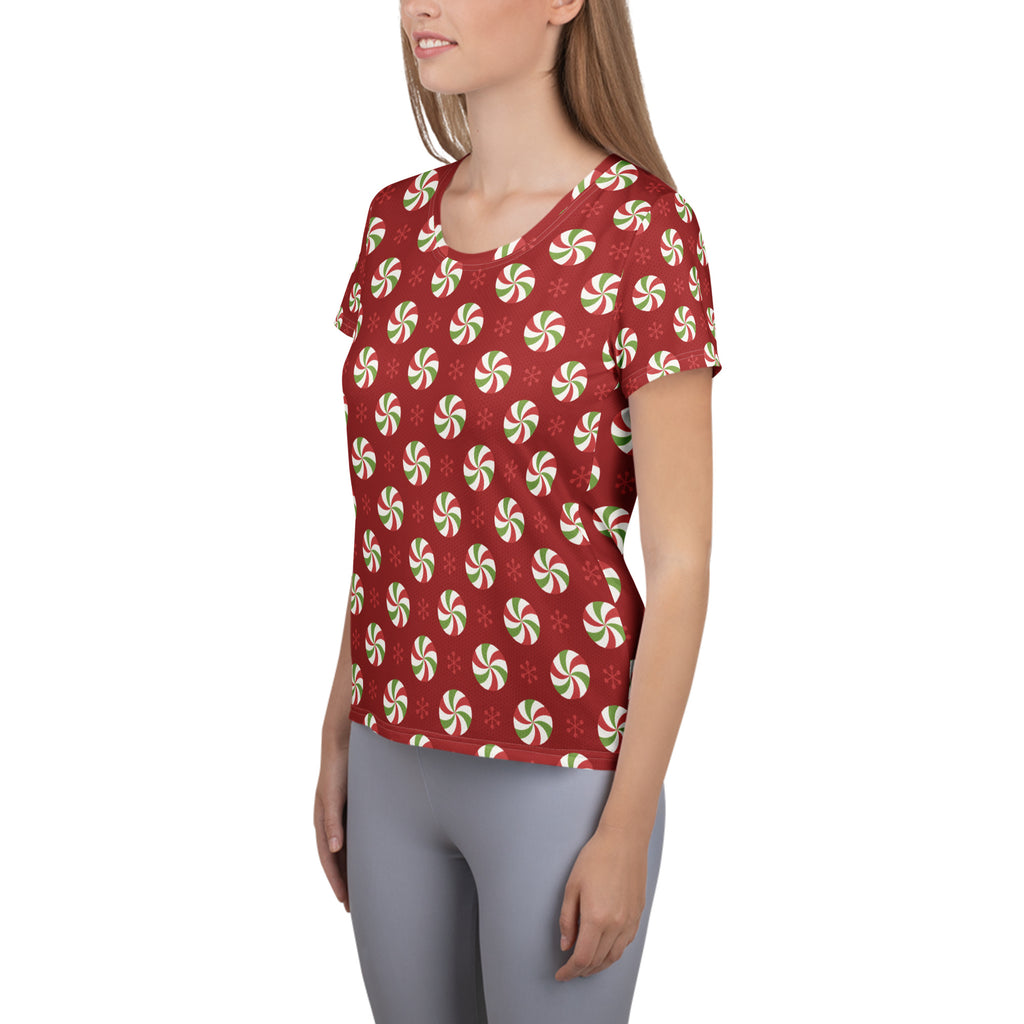 Women’s Christmas Peppermint Athletic T-Shirt - Lightweight Moisture Wicking Workout Top With UPF 50+