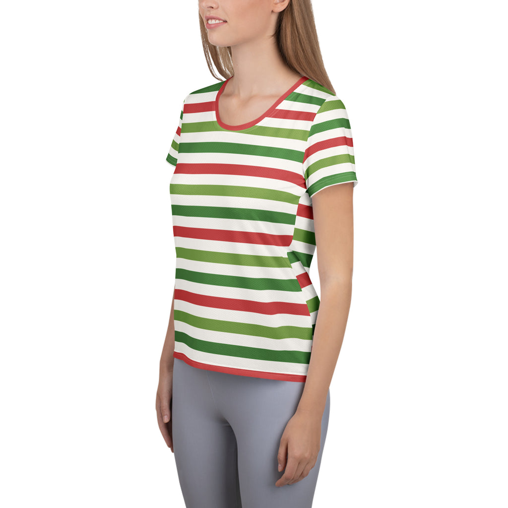 Women’s Red Green Christmas Striped Athletic T-Shirt - Lightweight Moisture Wicking Workout Top With UPF 50+