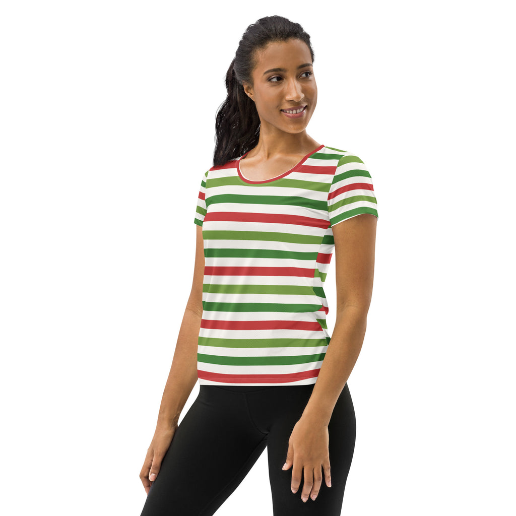 Women’s Red Green Christmas Striped Athletic T-Shirt - Lightweight Moisture Wicking Workout Top With UPF 50+