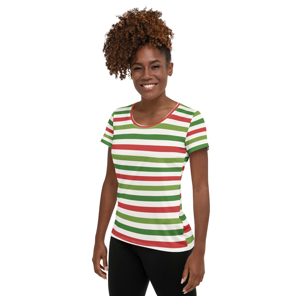 Women’s Red Green Christmas Striped Athletic T-Shirt - Lightweight Moisture Wicking Workout Top With UPF 50+