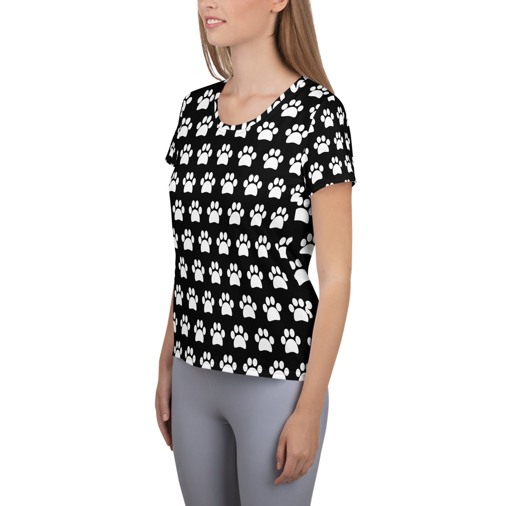 Women’s Black Paw Print Athletic T-Shirt - Lightweight Moisture Wicking Workout Top With UPF 50+