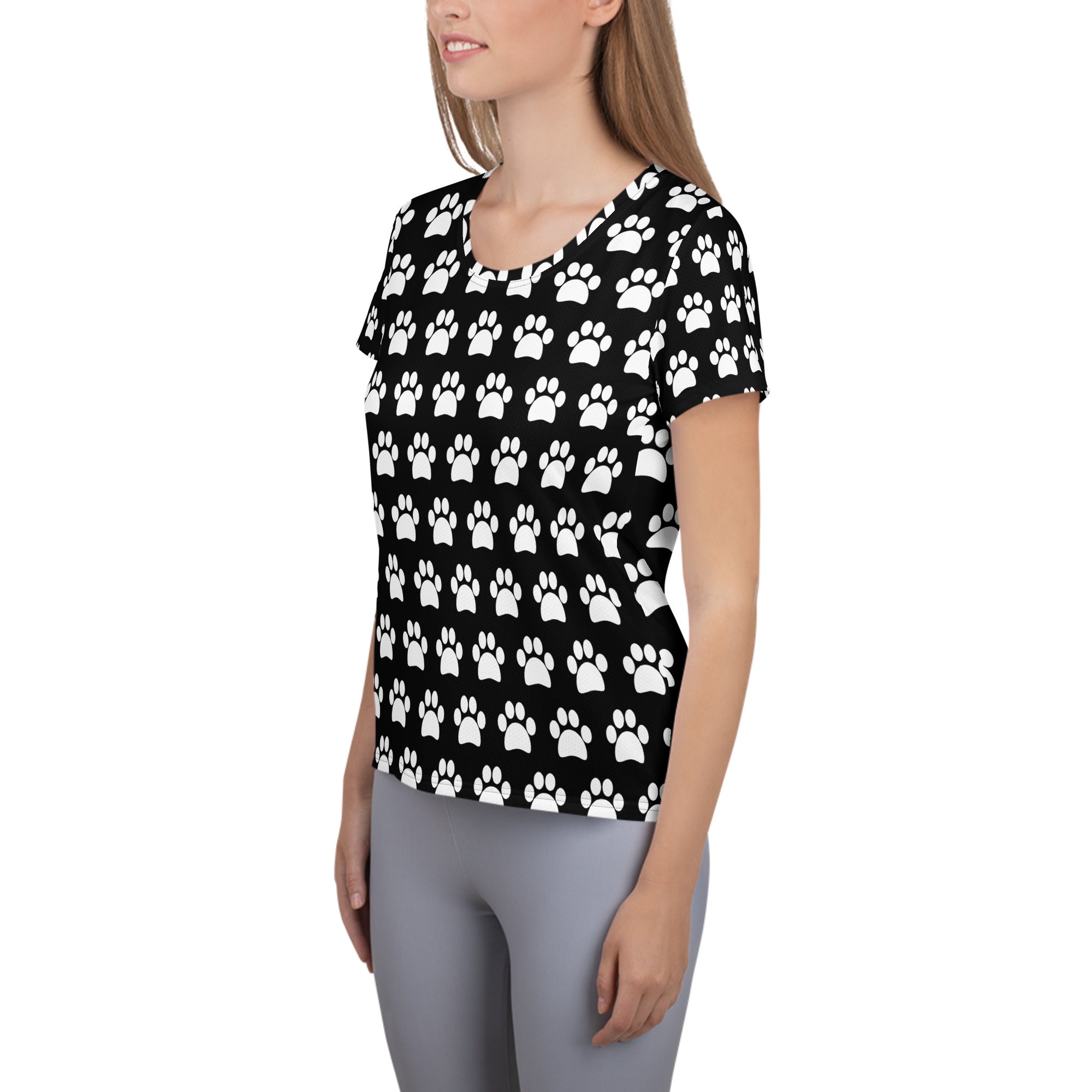 Women’s Black Paw Print Athletic T-Shirt - Lightweight Moisture Wicking Workout Top With UPF 50+