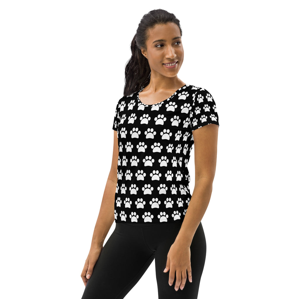 Women’s Black Paw Print Athletic T-Shirt - Lightweight Moisture Wicking Workout Top With UPF 50+