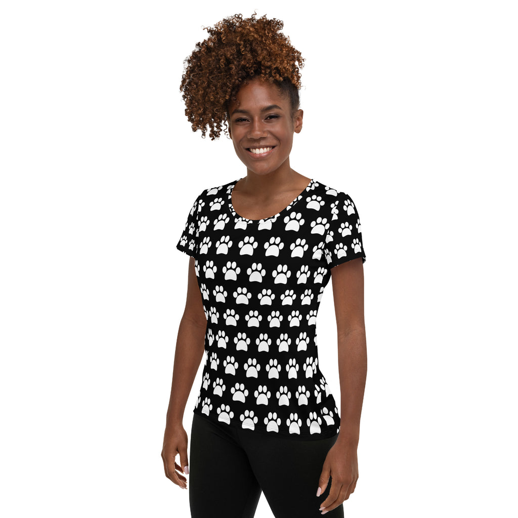 Women’s Black Paw Print Athletic T-Shirt - Lightweight Moisture Wicking Workout Top With UPF 50+