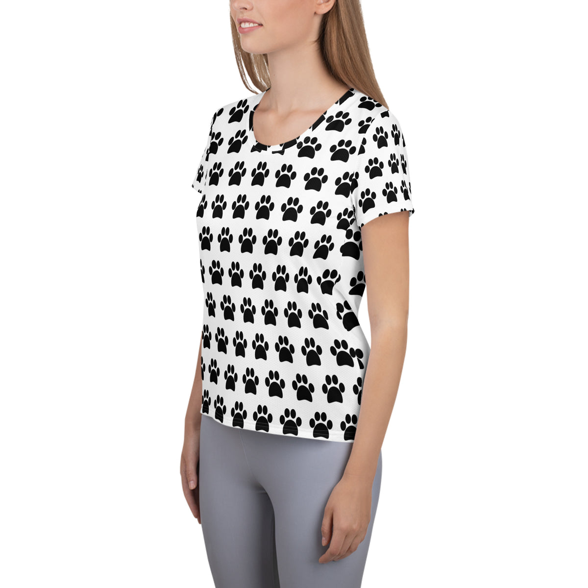 Women’s White Paw Print Athletic T-Shirt - Lightweight Moisture Wicking Workout Top With UPF 50+