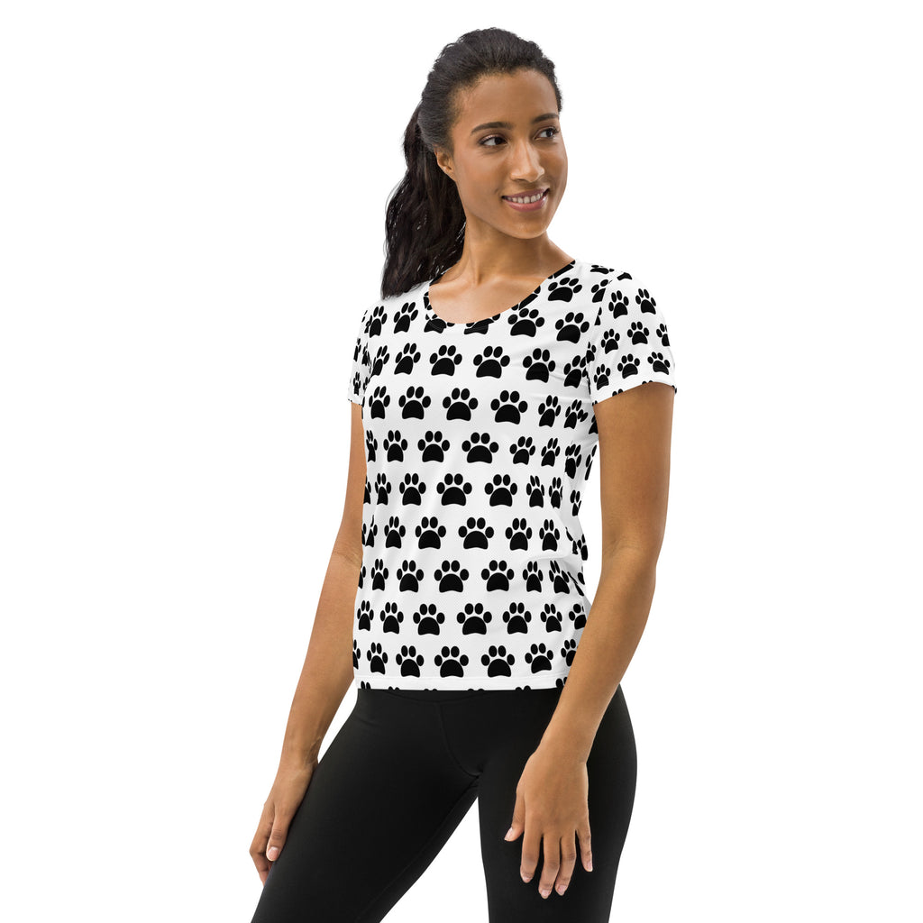 Women’s White Paw Print Athletic T-Shirt - Lightweight Moisture Wicking Workout Top With UPF 50+