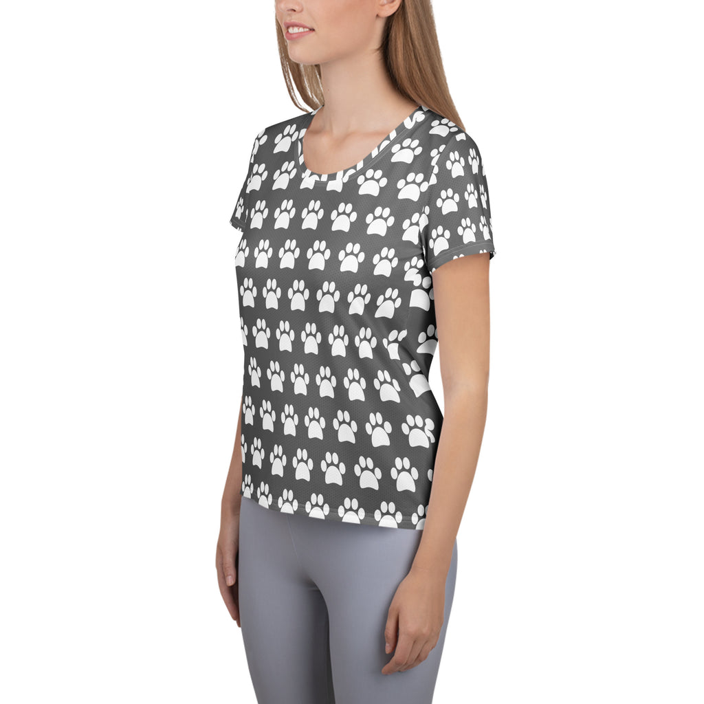 Women’s Gray Paw Print Athletic T-Shirt - Lightweight Moisture Wicking Workout Top With UPF 50+