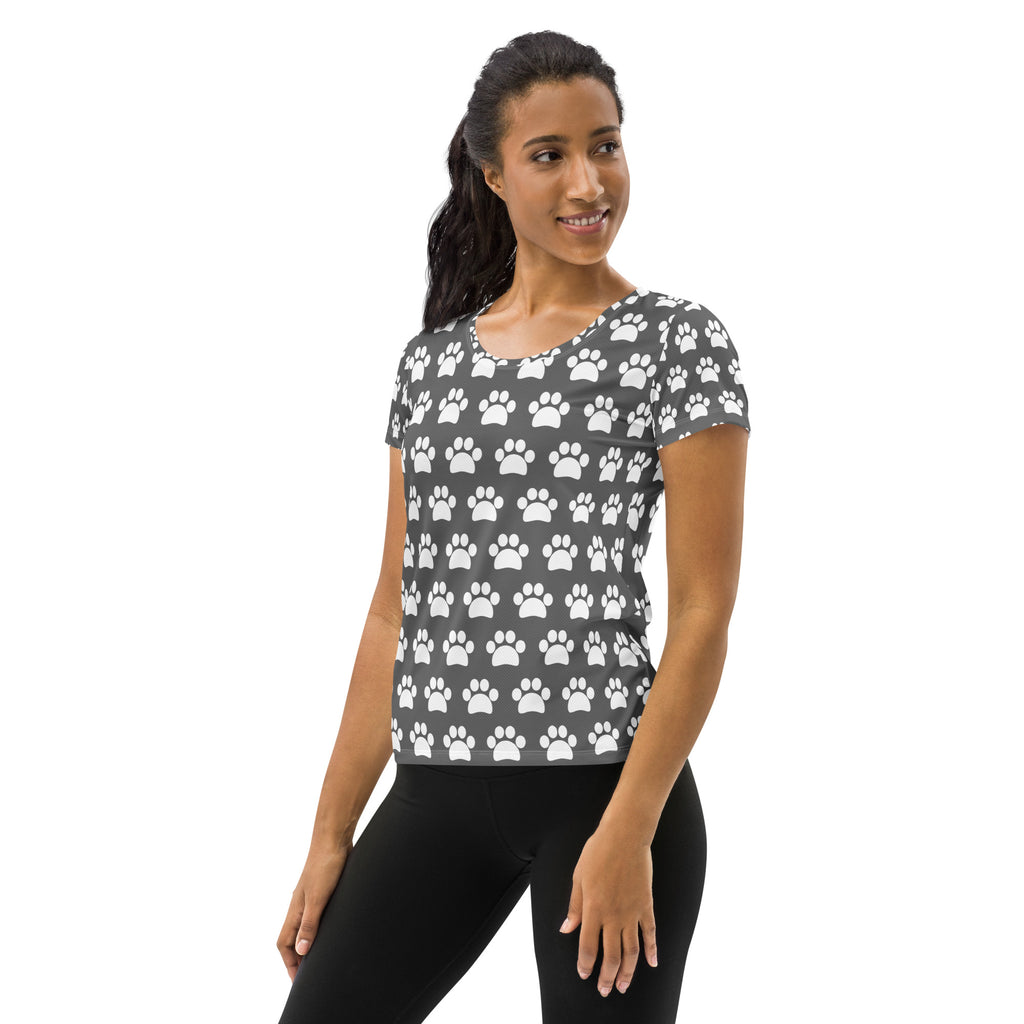 Women’s Gray Paw Print Athletic T-Shirt - Lightweight Moisture Wicking Workout Top With UPF 50+