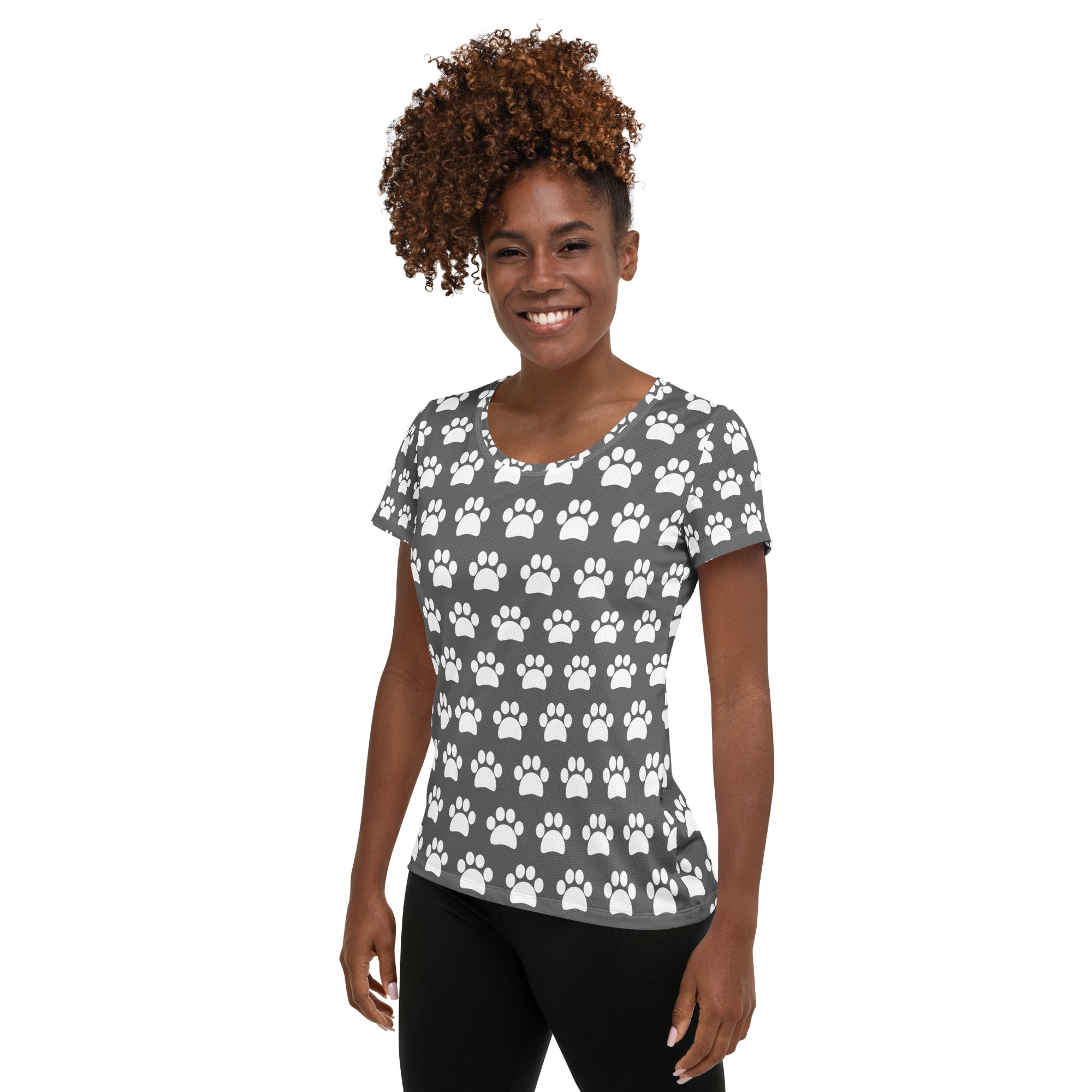 Women’s Gray Paw Print Athletic T-Shirt - Lightweight Moisture Wicking Workout Top With UPF 50+