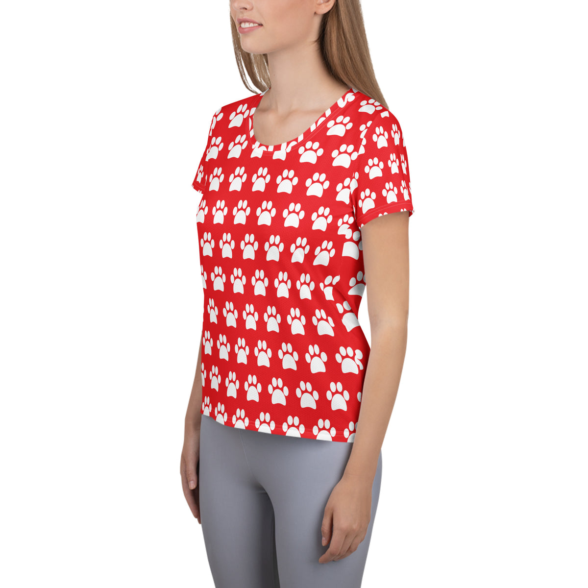 Women’s Red Paw Print Athletic T-Shirt - Lightweight Moisture Wicking Workout Top With UPF 50+