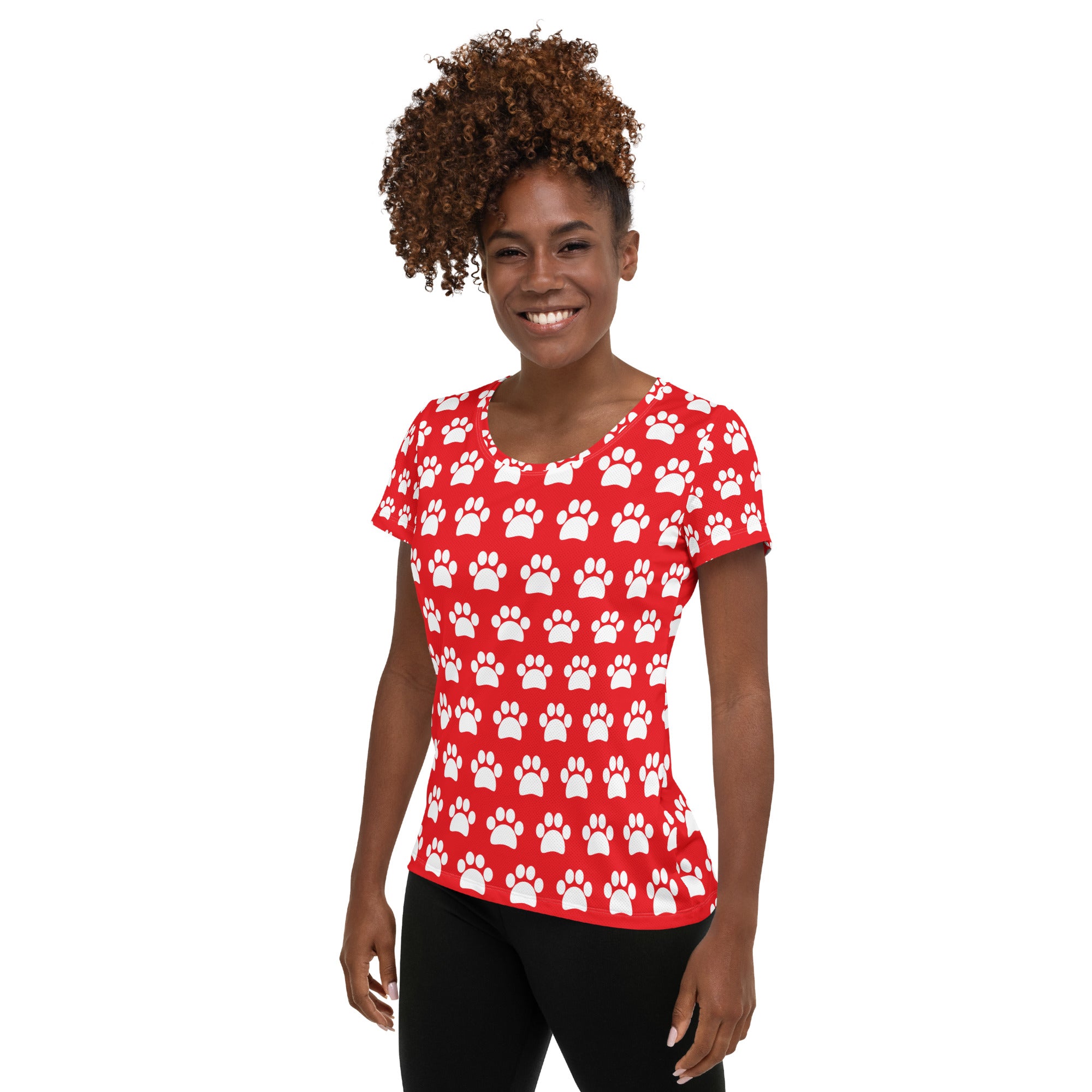 Women’s Red Paw Print Athletic T-Shirt - Lightweight Moisture Wicking Workout Top With UPF 50+