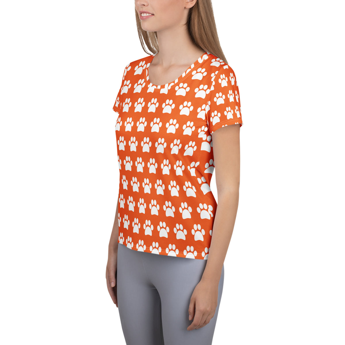 Women’s Orange Paw Print Athletic T-Shirt - Lightweight Moisture Wicking Workout Top With UPF 50+