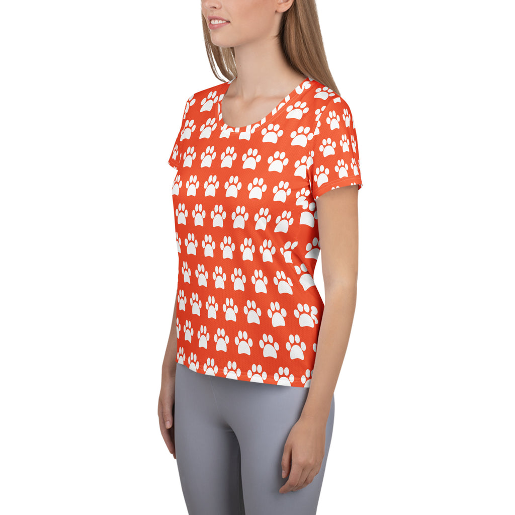 Women’s Bright Orange Paw Print Athletic T-Shirt - Lightweight Moisture Wicking Workout Top With UPF 50+