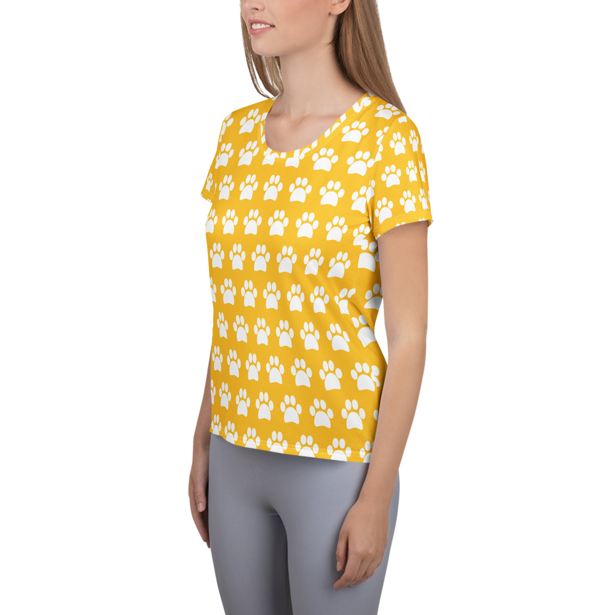 Women’s Yellow Paw Print Athletic T-Shirt - Lightweight Moisture Wicking Workout Top With UPF 50+