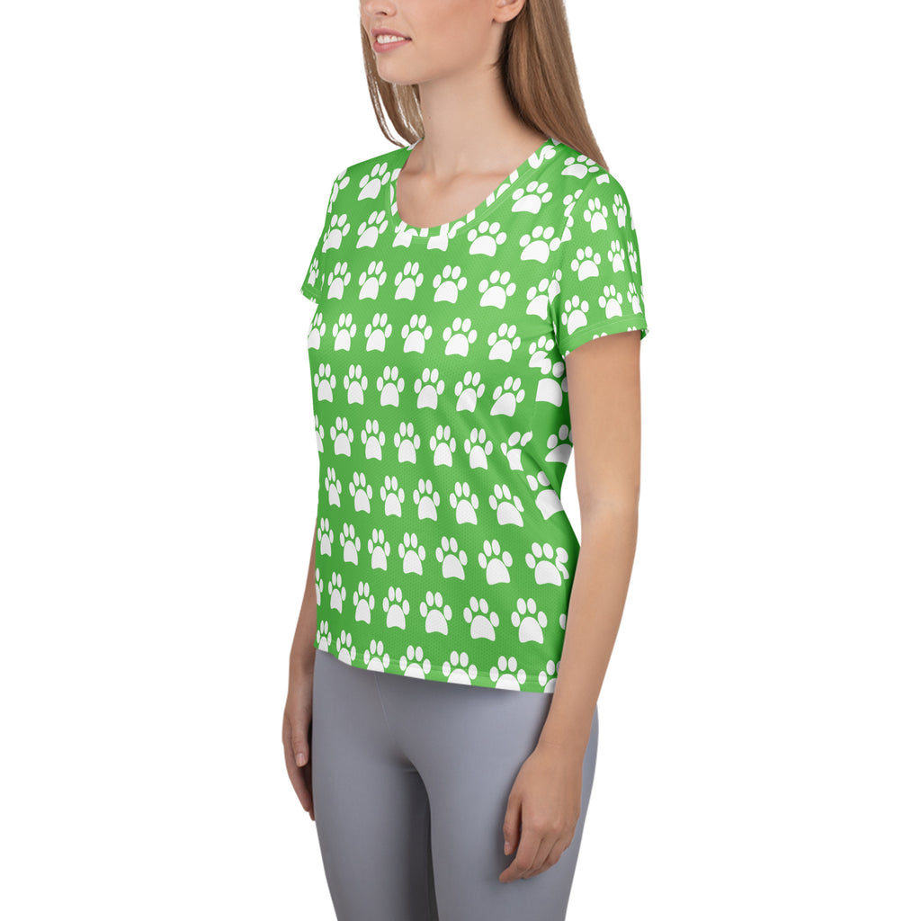 Women’s Green Paw Print Athletic T-Shirt - Lightweight Moisture Wicking Workout Top With UPF 50+