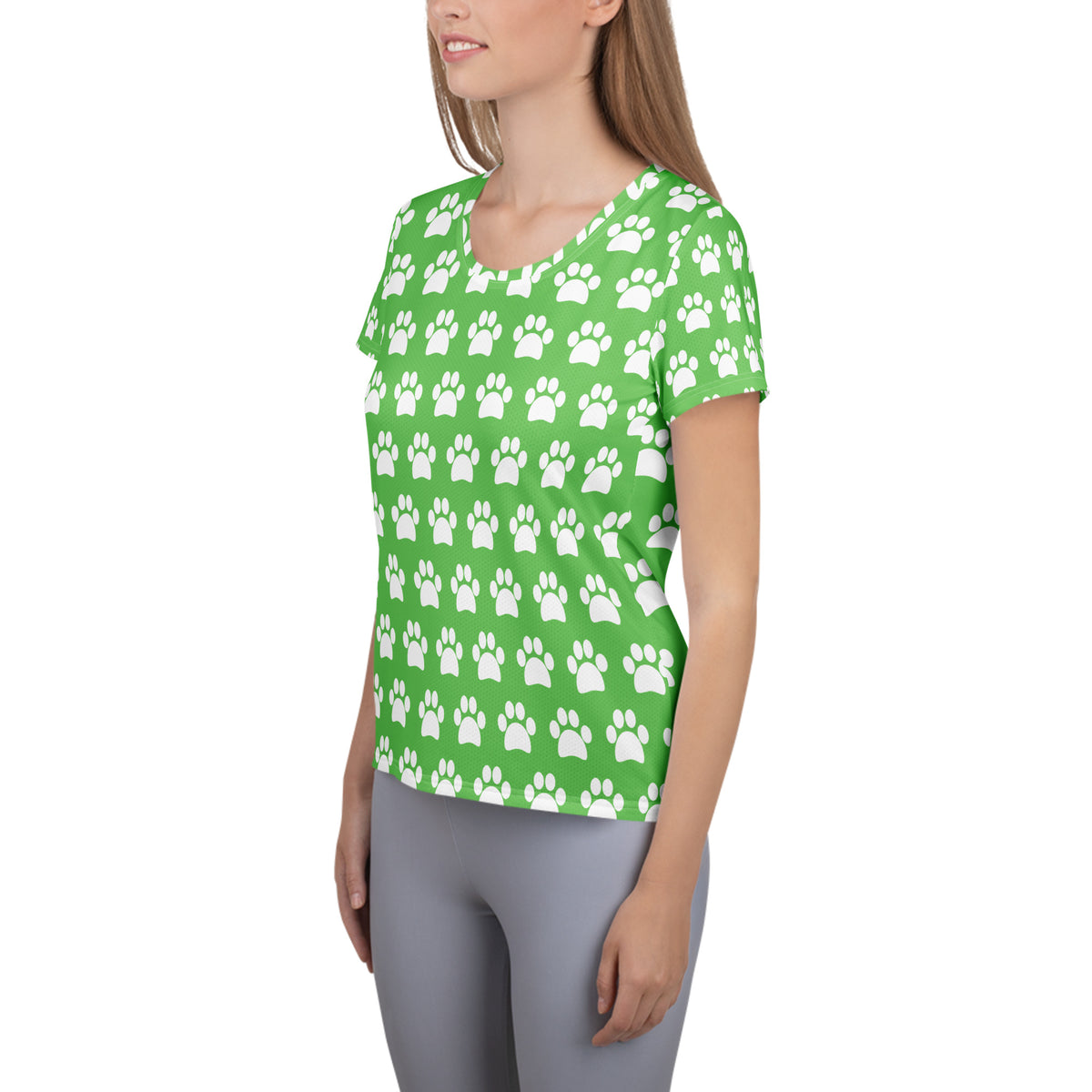 Women’s Green Paw Print Athletic T-Shirt - Lightweight Moisture Wicking Workout Top With UPF 50+
