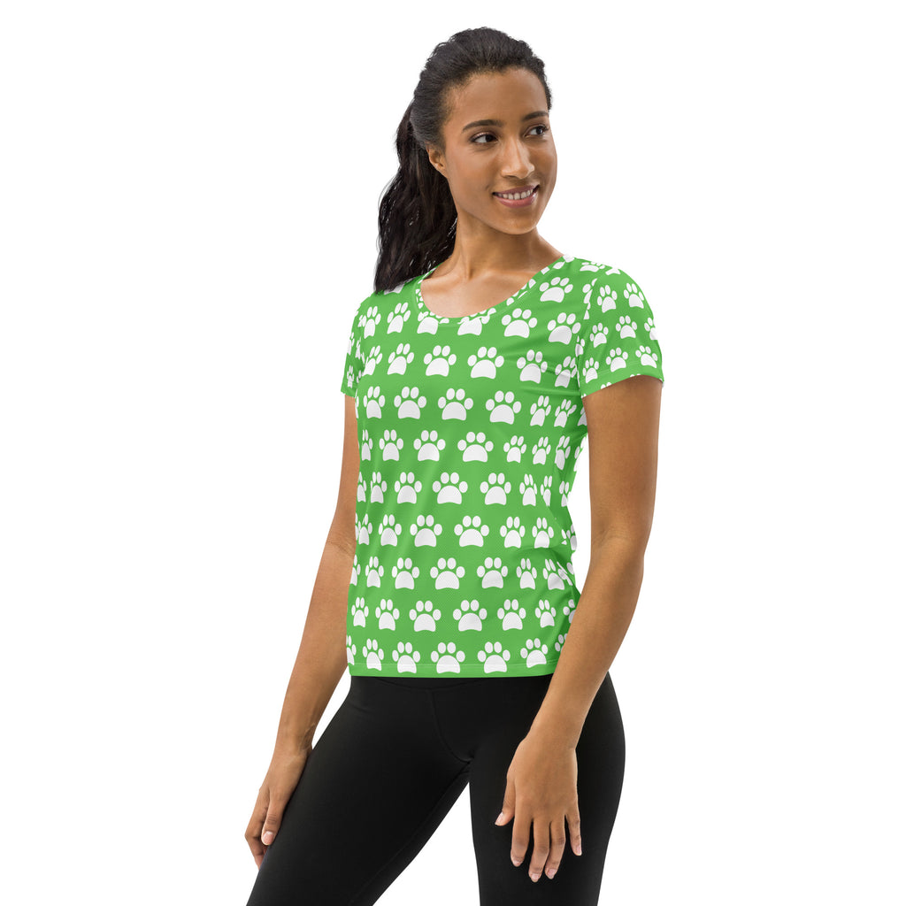 Women’s Green Paw Print Athletic T-Shirt - Lightweight Moisture Wicking Workout Top With UPF 50+