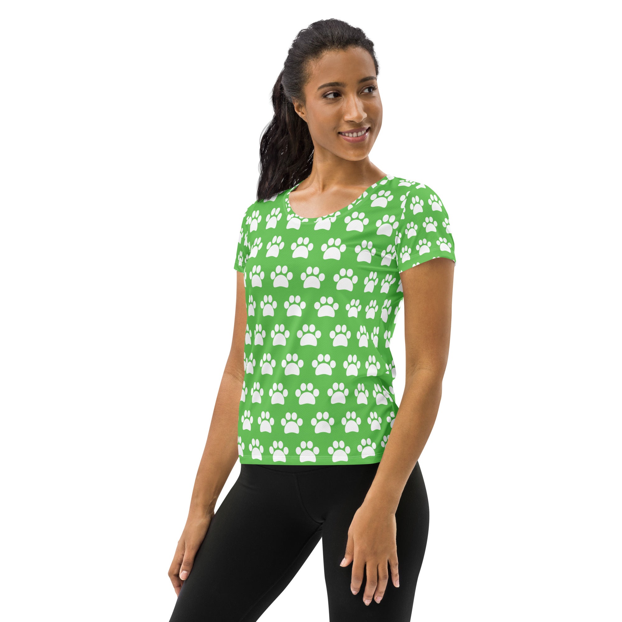 Women’s Green Paw Print Athletic T-Shirt - Lightweight Moisture Wicking Workout Top With UPF 50+