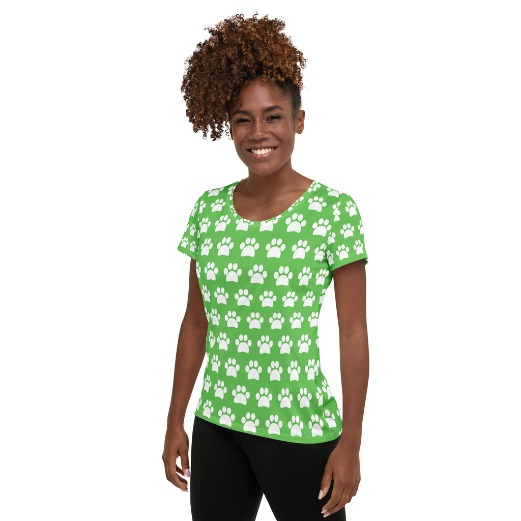 Women’s Green Paw Print Athletic T-Shirt - Lightweight Moisture Wicking Workout Top With UPF 50+