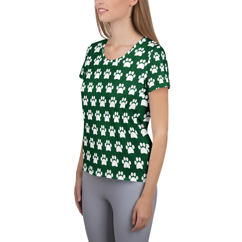 Women’s Forest Green Paw Print Athletic T-Shirt - Lightweight Moisture Wicking Workout Top With UPF 50+