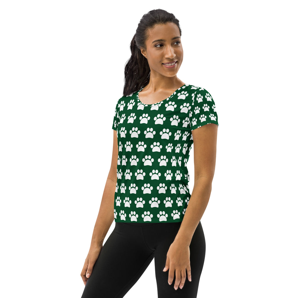 Women’s Forest Green Paw Print Athletic T-Shirt - Lightweight Moisture Wicking Workout Top With UPF 50+