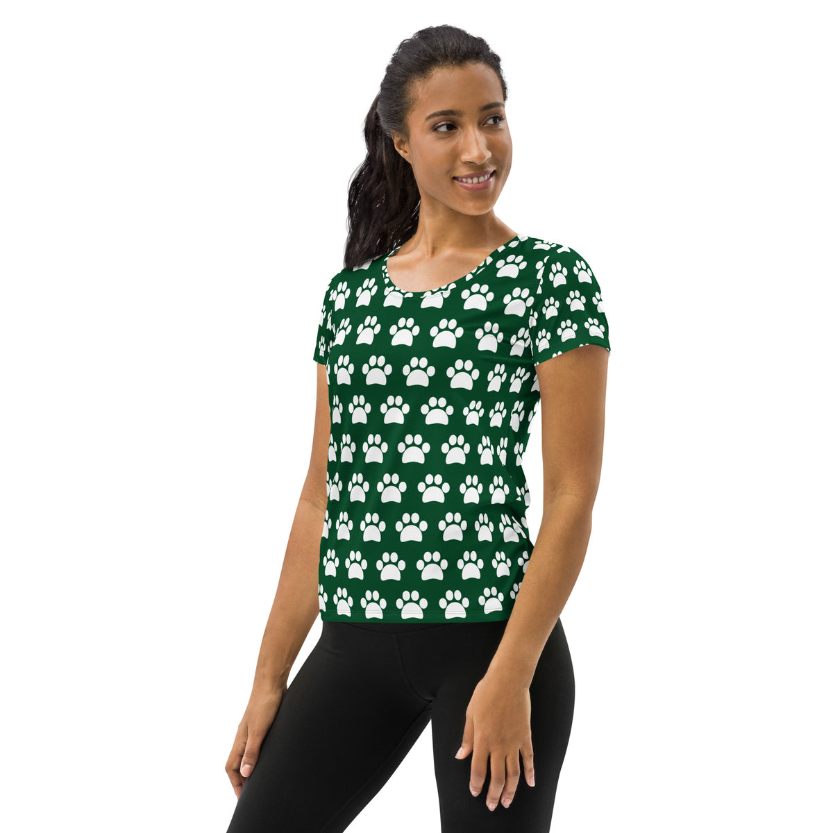 Women’s Forest Green Paw Print Athletic T-Shirt - Lightweight Moisture Wicking Workout Top With UPF 50+
