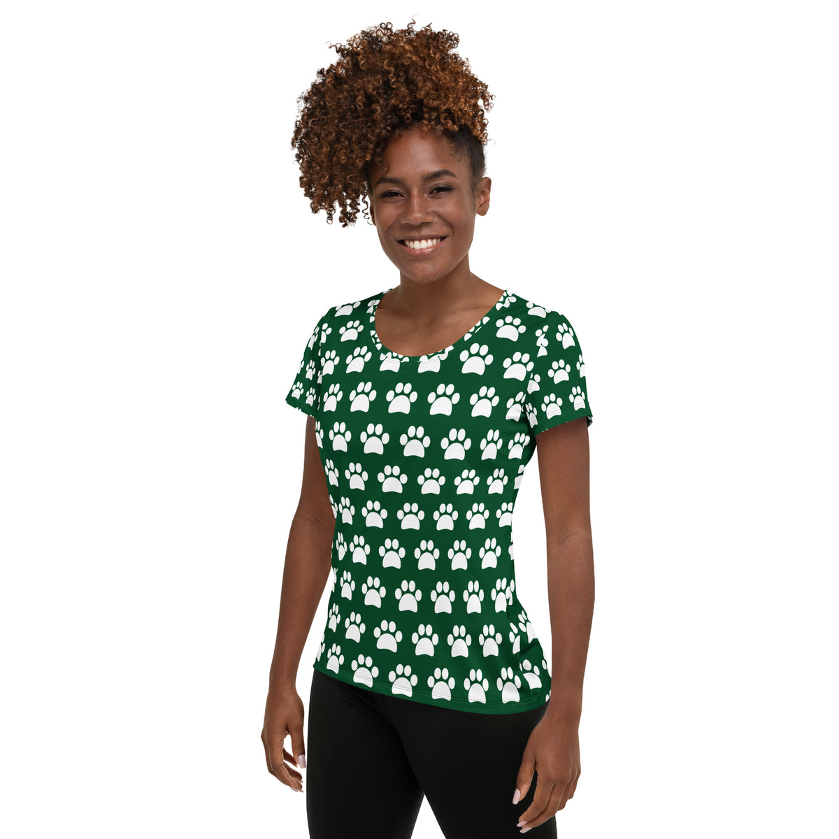 Women’s Forest Green Paw Print Athletic T-Shirt - Lightweight Moisture Wicking Workout Top With UPF 50+