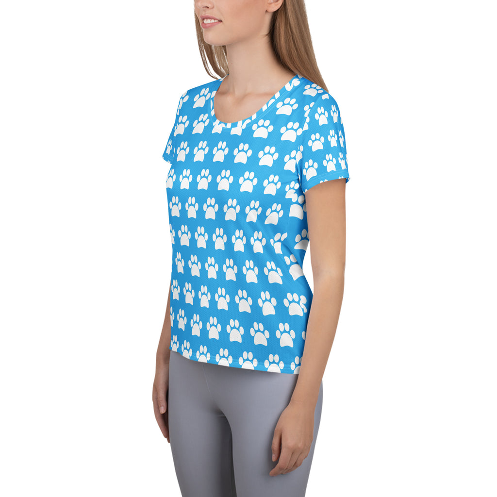 Women’s Light Blue Paw Print Athletic T-Shirt - Lightweight Moisture Wicking Workout Top With UPF 50+
