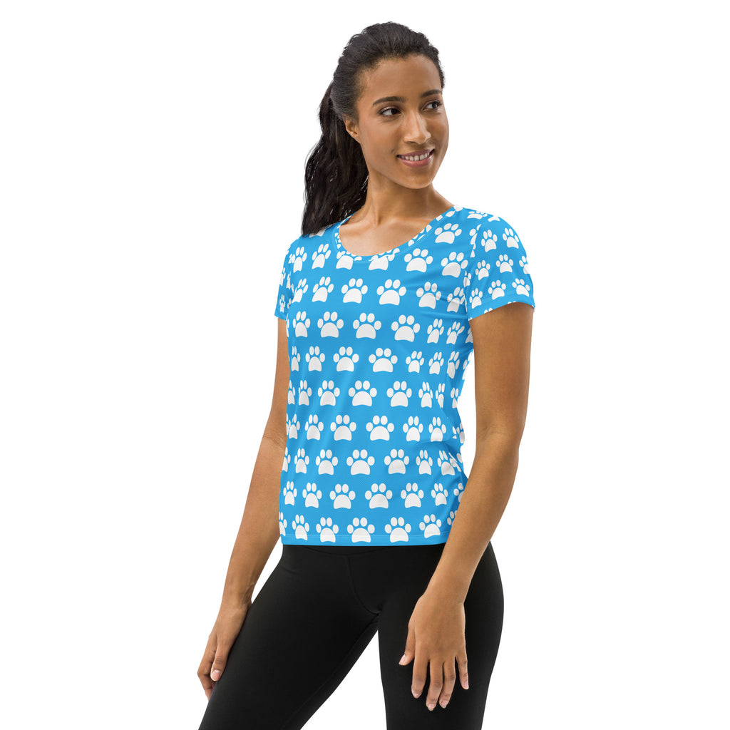 Women’s Light Blue Paw Print Athletic T-Shirt - Lightweight Moisture Wicking Workout Top With UPF 50+