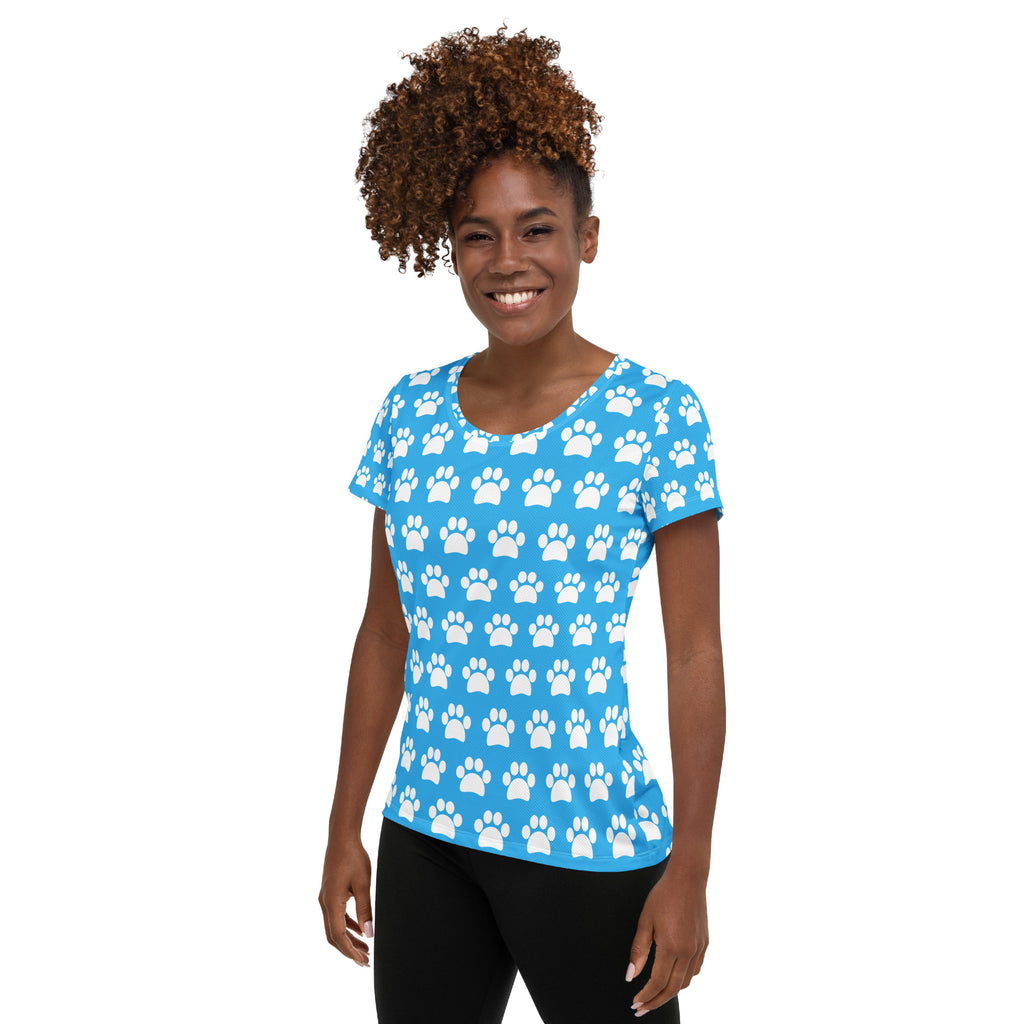 Women’s Light Blue Paw Print Athletic T-Shirt - Lightweight Moisture Wicking Workout Top With UPF 50+