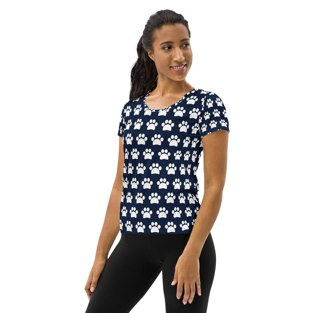 Women’s Navy Blue Paw Print Athletic T-Shirt - Lightweight Moisture Wicking Workout Top With UPF 50+