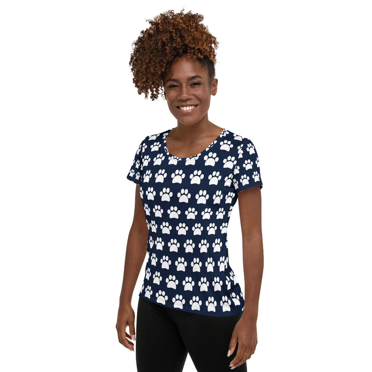 Women’s Navy Blue Paw Print Athletic T-Shirt - Lightweight Moisture Wicking Workout Top With UPF 50+